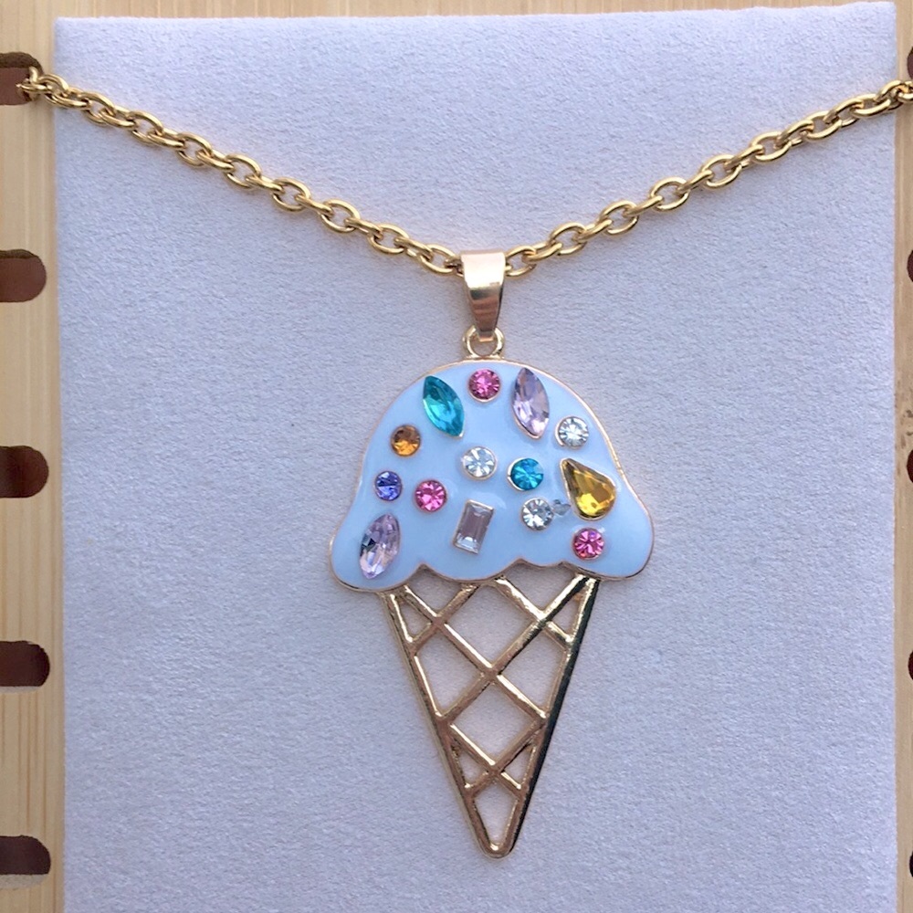 White + Crystal Sprinkles Gold Ice Cream🍦Cone Pendant Drop Necklace - Picture 5 of 8